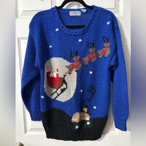 Pinwheels Vintage 80s Christmas Sweater Starry Night Reindeer Santa’s Sleigh Med